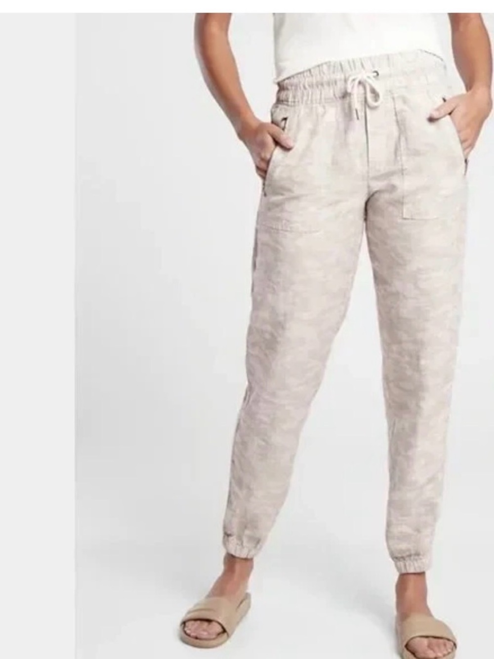 Athleta Cabo Tide Linen Jogger Neutral Beige Tan Camo Print Pants EUC Size 6
